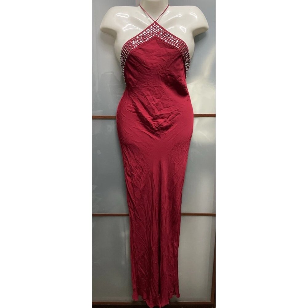 Ludovic de Saint Sernin x Zara Red Satin Studded Long Halter Gown Dress Size XS